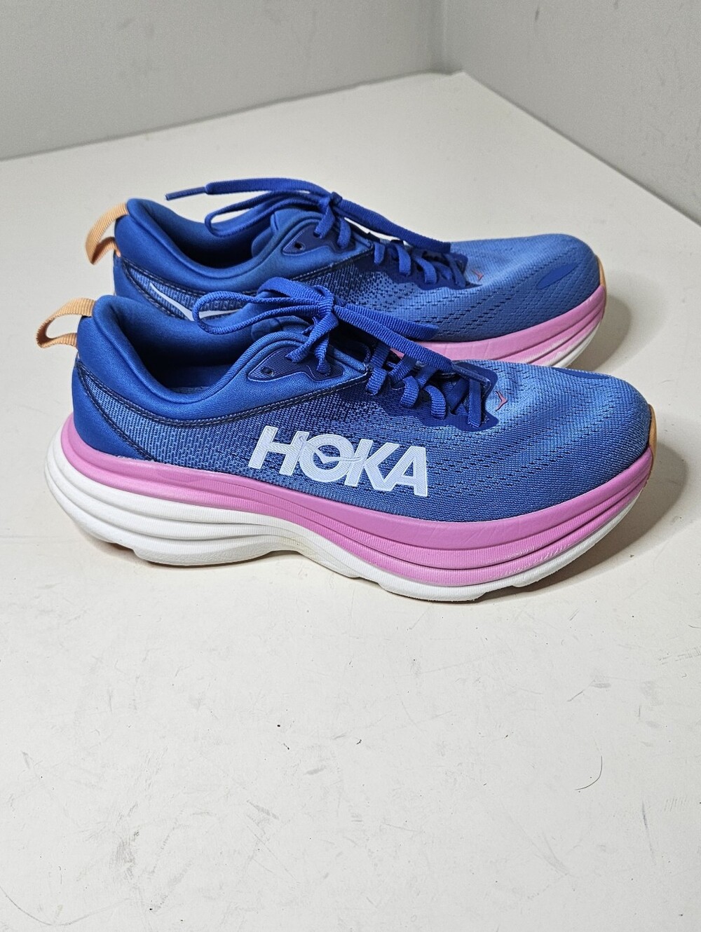 Hoka One One Bondi 8 running shoes in the blue pink Coastal Sky All Aboard 7.5